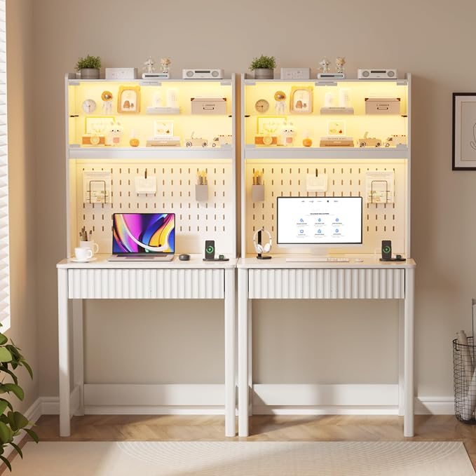 Lvifur Small Writing Desk with Power Outlet - LED Study Desk with Drawer & Hutch, Home Office Desk with Shelf & Pegboard, Space Saving Study Table Work Station for Dorm, Living Room (White)