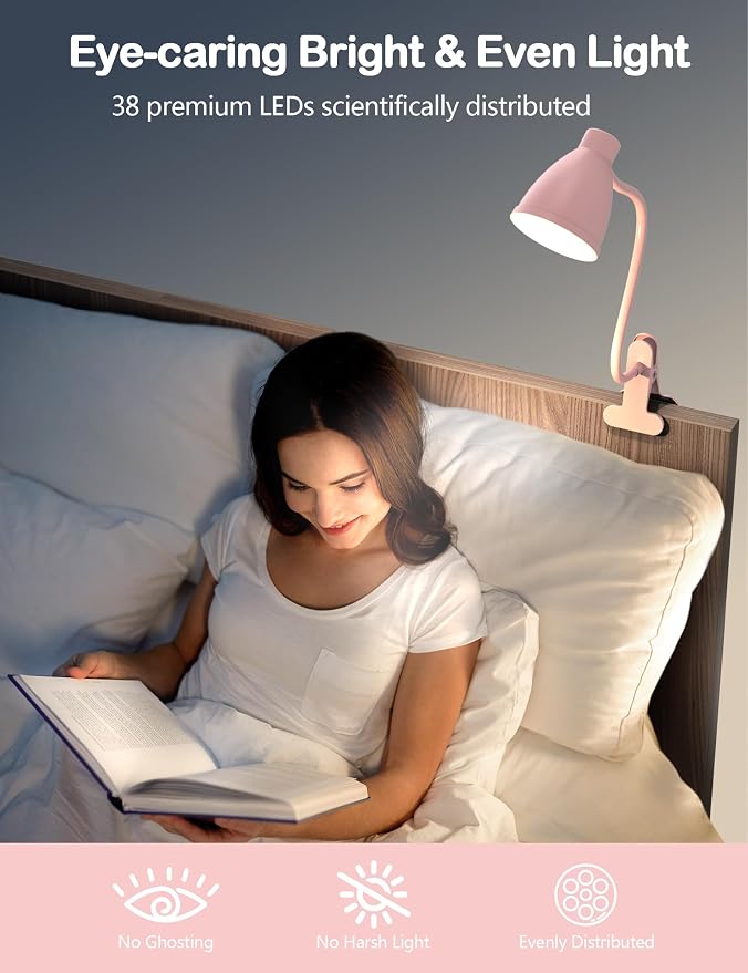 BOHON Cute Desk Lamp with Clamp Clip on Light, 5 Color 10 Brightness, Pink | Flexible Gooseneck Pink Lamp 10W 38 LED Auto Off Timer Kawaii Accessories Desk Lights for Office Home Bed Bedside Reading