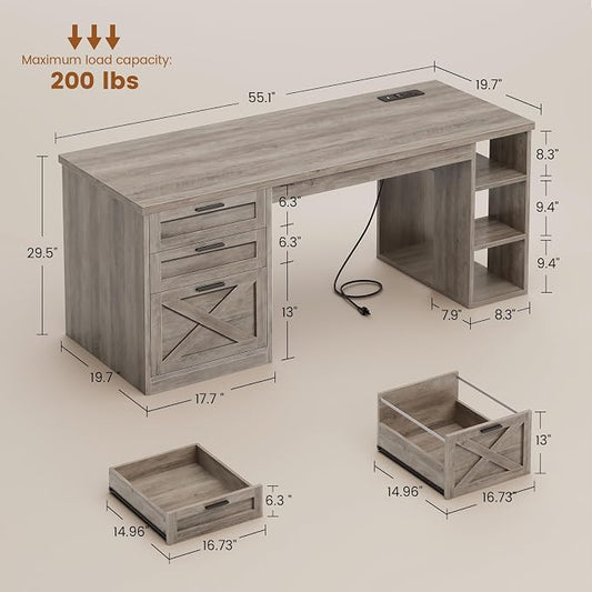 SEDETA 55.1" Executive Computer Desk with 3 Drawers, Farmhouse Office Desk with File Drawer & Storage Shelves, Executive Desk with Power Outlet for Home Office, Grey