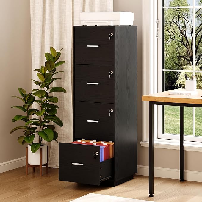 VINGLI 4 Drawer File Cabinet with Lock, Home Office Filing Organizer, for Letter Size File Folder Storage, Wood Tall Vertical Filing Cabinet, Printer Stand, Archivador (Black)