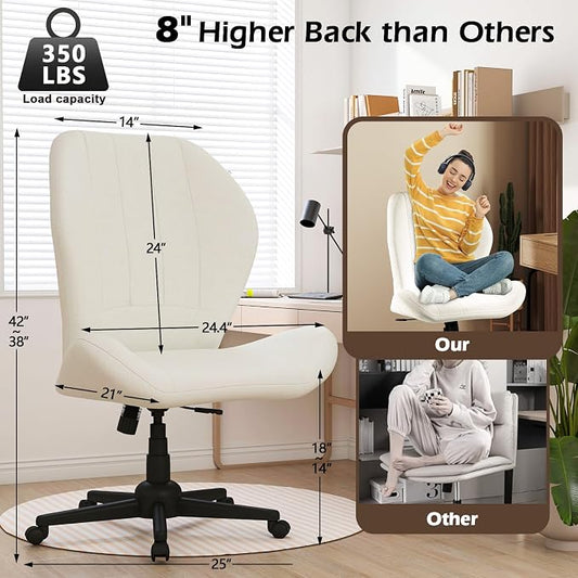 ZZW Criss Cross Chair with Wheels, Wide Cross Legged Office Chair Armless Comfy Desk Chair with Tall Back Vanity Chairs with Stress Relief Curved Design Seat for Bedroom & Office & Home Ivory White