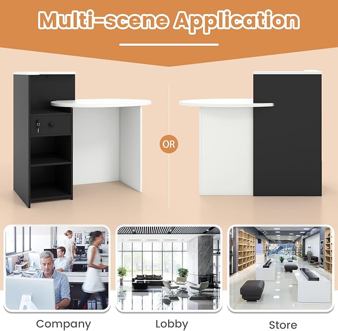 Tangkula Reception Desk, Front Counter Desk with Lockable Drawer & Adjustable Shelf, Oval Desktop, Retail Counter for Checkout, Computer Workstation for Salon Lobby Office, Home Office Desk