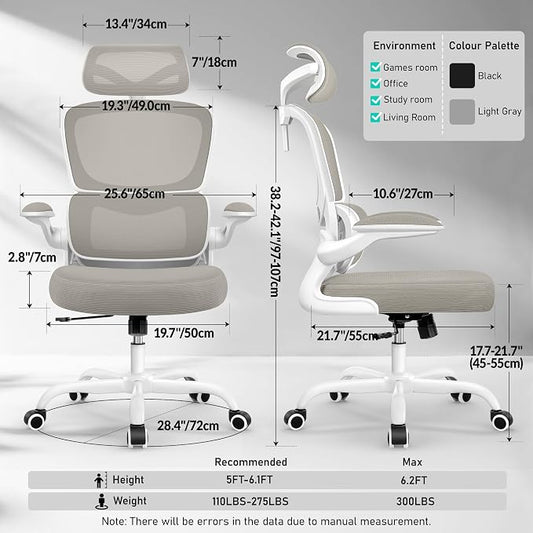 BESTFAIR High Back Ergonomic Office Chair, Breathable Mesh Desk Chair with Lumbar Support, Adjustable Headrest, Flip-up Armrests, Computer Gaming Chair, (LightGray)