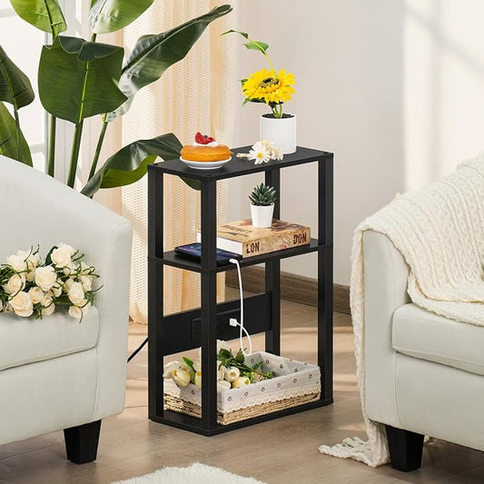 YUFAM 3-Tier Small Narrow Wood Side Table with Charging Station, Skinny Nightstand for Small Space, Slim Bedside Table with Storage for Couch, Thin End Table with USB Ports and Outlets, Black