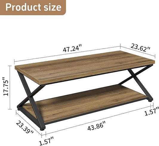 MILEFA2 Tier Coffee Table, Farmhouse CenterTable with Storage, Wood and Metal Living RoomTable for Home Office Bedroom, Rustic Brown,47Inch