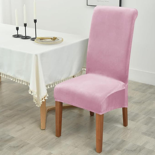 Deisy Dee Stretch XL/Oversized Extra Large Velvet Dining Room Chair Covers for Kitchen Dining,Removable Washable Chair Protectors Slipcovers (Pink, 4)