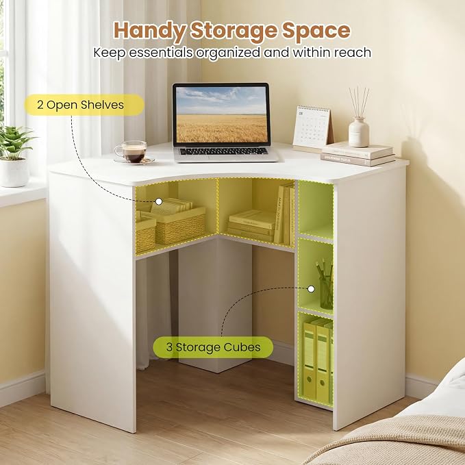 Tangkula White Corner Desk with Charging Station, 90-Degree Triangle Computer Desk with Ergonomic Curved Edge & Open Storage Shelves, Writing Study Desk for Small Spaces Home Office