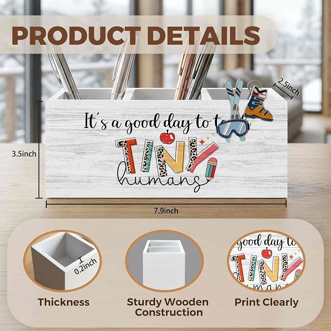 Teacher Pencil Pen Holder for Desk Organizer, Teacher Appreciation Gifts, It's a Good Day to Teach Tiny Humans Wooden Box Decorations for Home Office Classroom Desk Tabletop Decor