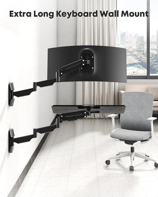 Extra Long Keyboard Wall Mount - 26 Inch Wall Mount Keyboard and Mouse Tray, Full Motion Typing Platform with Spring Arm, Holds up to 19.8 lbs, Black
