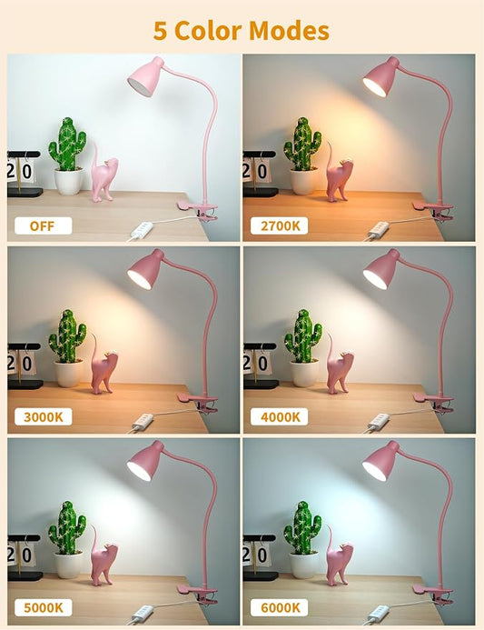 BOHON Cute Desk Lamp with Clamp Clip on Light, 5 Color 10 Brightness, Pink | Flexible Gooseneck Pink Lamp 10W 38 LED Auto Off Timer Kawaii Accessories Desk Lights for Office Home Bed Bedside Reading