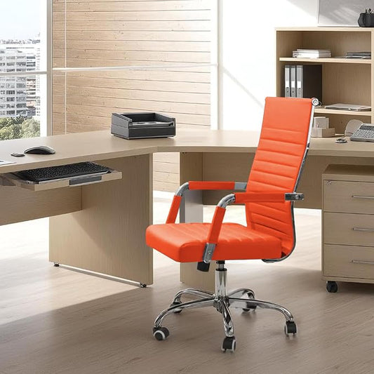 KaiMeng Ribbed Office Desk Mid Back Computer Chair Height Adjustable Conference Executive Task Swivel PU Leather (Orange)