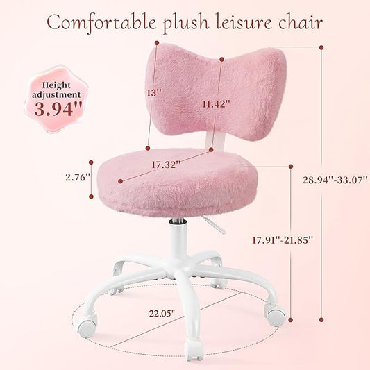 Homkdom Vanity Chair with Bow Back for Bedroom Faux Rabbit Fur Pink | High-Density Foam, Height Adjustable, swivel, 300 lbs,easy assembly for Teens, Make-up Room, Bedroom, Dorm, Study Room