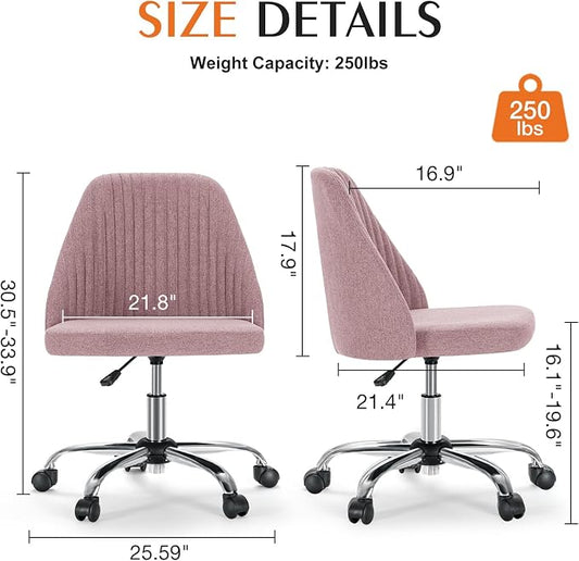 Sweetcrispy Armless Vanity Chair, Cute Comfy Home Office Desk Chair with Wheels, Modern Upholstered Task Computer Seat for Bedroom, Study, Makeup Vanity, Height Adjustable & Swivel Fit, Pink