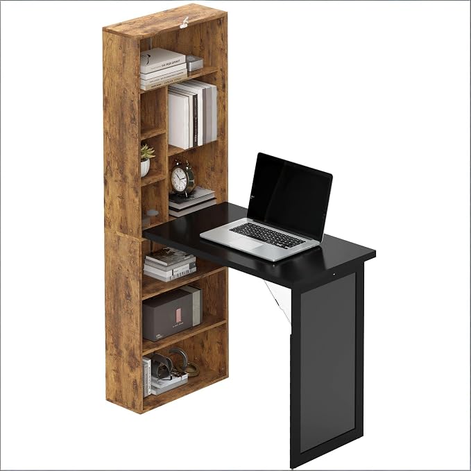 Folding Writing Desk with Storage Shelves, Fold Out Convertible Wall Mounted Table with Blackboard, Foldable Computer Murphy Desk for Small Spaces,Home Office (Natural)