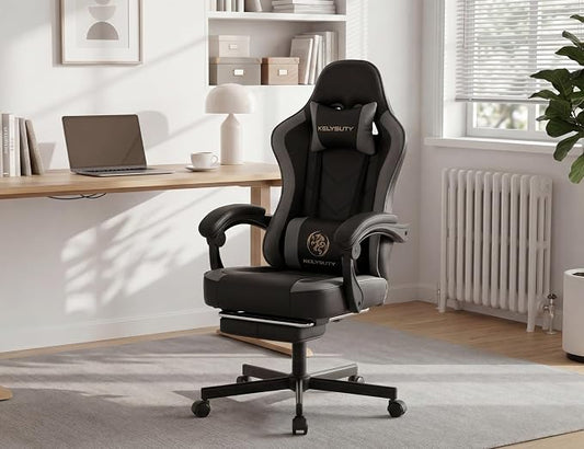 Office Desk Computer Gaming Chair for Adults, Ergonomic High Back Gamer Chair with Massage and Pocket Spring Cushion, Swivel Comfy Video Game Chairs with Footrest and Lumbar Support (Black Grey)