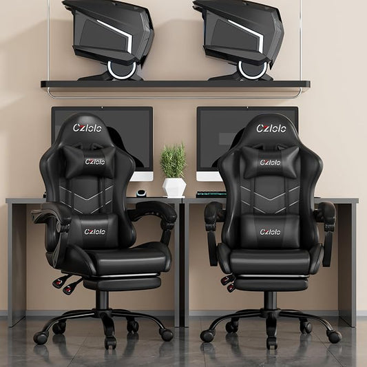 Czlolo Gaming Chair, Ergonomic Office Computer Chair with Footrest and Lumbar Support Massager Racing Style High Back Video Gamer Chair, Wide&Thick Cushion, 90°-135° Recline, Adjustable Height, Black