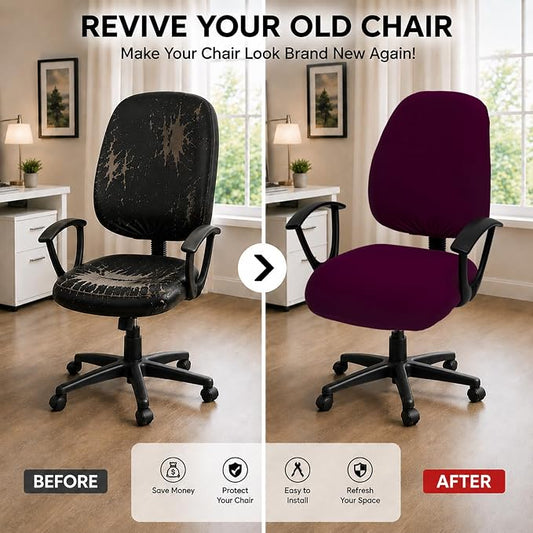 Stretchable Desk Office Chair Seat Covers - Universal Spandex Computer Chair Slipcover - Removable Washable Rotating Backrest Coverings & Cushion Protectors for Dogs, Cats, Pets, Plum