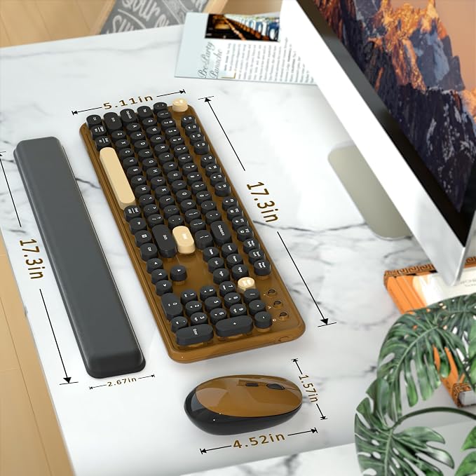 Retro Wireless Keyboard and Mouse Combo with Wrist Rest - Aesthetic Typewriter Style, Full-Size Clicky Tactile Floating Round Keys, 2.4GHz Ergonomic Set for Mac, Windows(Coffee Color)