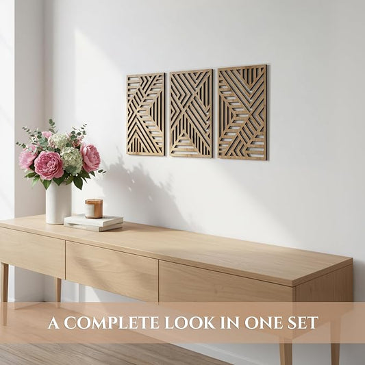 qmmp Modern Wooden Wall Sculptures - Set of 3 - Home Decor Accent - Large Wall Art for Living Room, Bedroom, Office - Easy Installation (Oak, Medium - Direction)