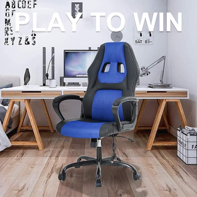 Office Chair Gaming Chair Ergonomic Massage Chair PU Leather Executive Seat with Swivel Base, Massage Lumbar Support, and Padded Armrests (Blue)
