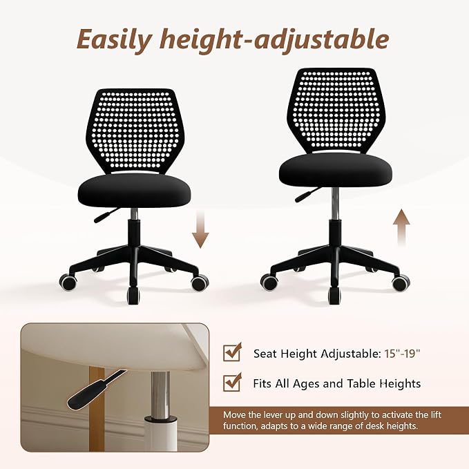 Small Office Chair with Wheels, Armless Desk Chair Height Adjustable Swivel Rolling Task Chair Breathable Mesh Ergonomic Computer Work Chair for Adult, Black
