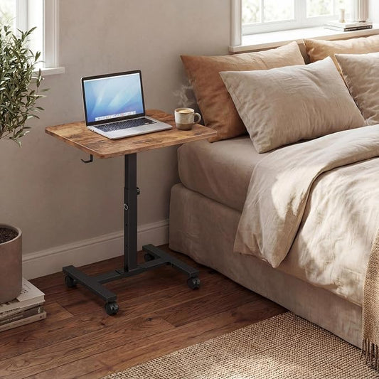 WINAZ Small Portable Laptop Rolling Desk - 24 Inch Mobile Computer Desk Adjustable Height on Wheels for Small Spaces, Couch Kids Desks End Side Table, Teacher Podium for Classroom, Rustic Brown