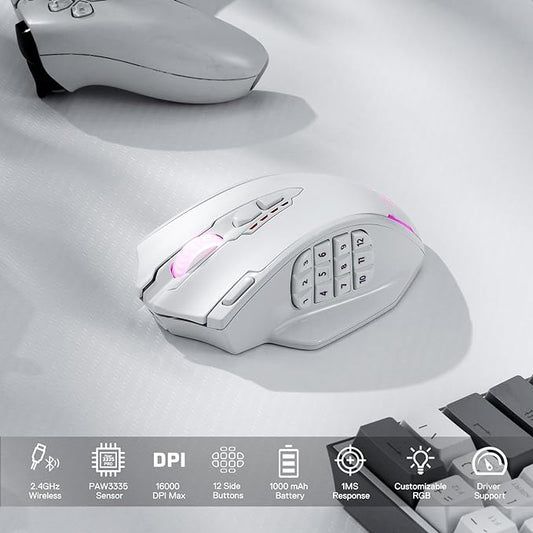 Redragon M913 Impact Elite Wireless Gaming Mouse, 16000 DPI Wired/Wireless RGB Mouse with 16 Programmable Buttons, 45 Hr Battery and Pro Optical Sensor, 12 Side Buttons MMO Mouse
