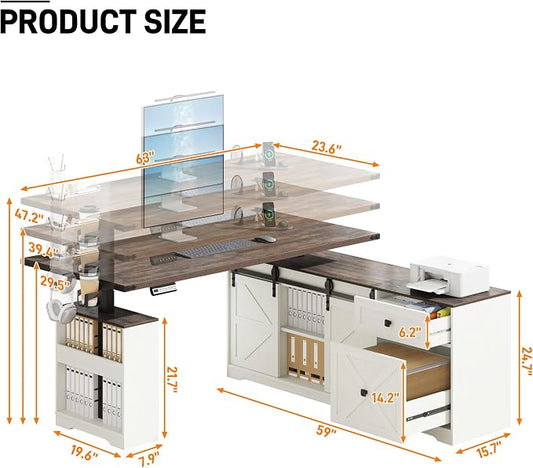 St.Mandyu 63" L Shaped Electric Standing Desk with File Drawer & Sliding Door, Height Adjustable Sit Stand Corner Computer Desk with Power Outlets, Drawers & Cup Holder for Home Office, White