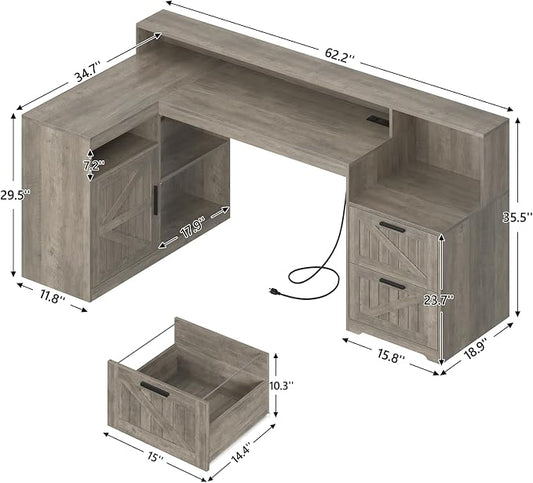 TVU Farmhouse L Shaped Desk with Drawers, 62.2" Home Office Desk with Storage Shelves and Power Outlet, L Shaped Computer Desk with Monitor Stand and Printer Shelf, Gray