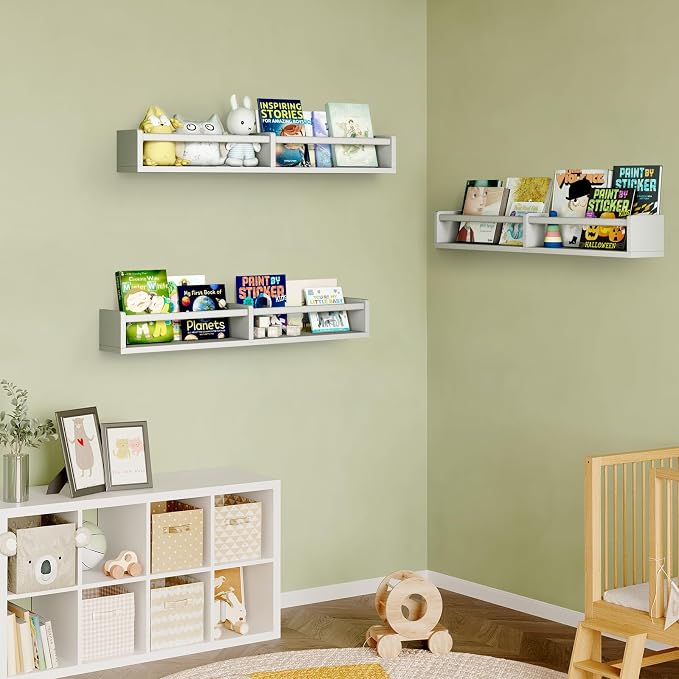 Fixwal Nursery Bookshelves, 32in Floating Bookshelves for Wall Set of 3, Wood Wall Mounted Floating Shelves for Baby Nursery Decor, Toys and Decor Storage (White)