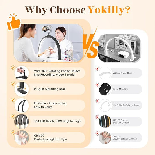 Yokilly Half Moon Light for Nail Desk: 29" Foldable Half Moon Nail Desk Lamp with Phone Holder for Beginner - Arch Tech Light with 3 Color Modes & 10 Brightness for Manicure Salon (Black, Large)