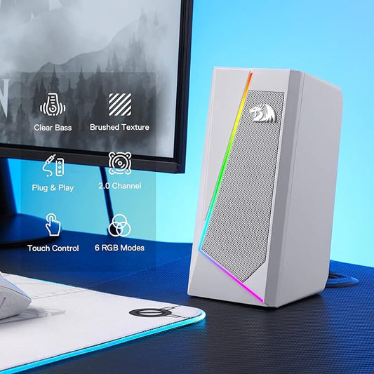 Redragon GS520 RGB Desktop Speakers, 2.0 Channel PC Computer Stereo Speaker with 6 Colorful LED Modes, Enhanced Sound and Easy-Access Volume Control, USB Powered w/ 3.5mm Cable, White