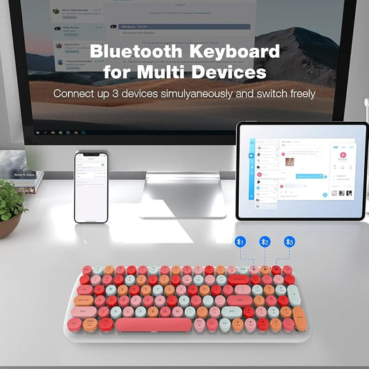 MOFII Wireless Bluetooth Keyboard for Laptop & Android, Connect up to 3 Devices Simultaneously, Portable 100-Key Typewriter Retro Round Keycaps Keyboard - Lipstick Colors