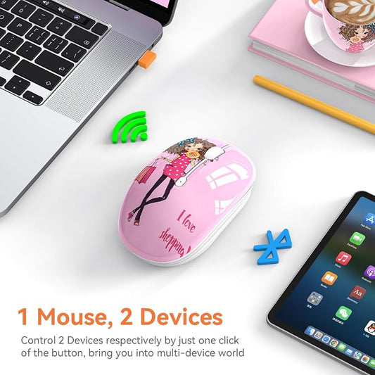 FMOUSE Cute Pink Wireless Mouse, Dual Mode, Bluetooth & 2.4GHz USB Receiver, Silent Clicks, AA-Battery Powered, Handy & Durable, for Kids, Girls, Students on Laptops, Mac, iPad, PC