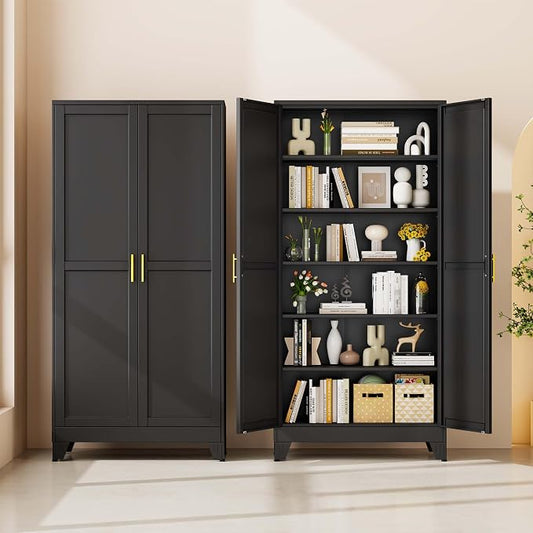 pozdeg 75" Tall Metal Storage Cabinet with 2 Doors & 5 Adjustable Shelves, Widen Steel File Cabinet Multipurpose Organizer for Home Office Garage (Black)