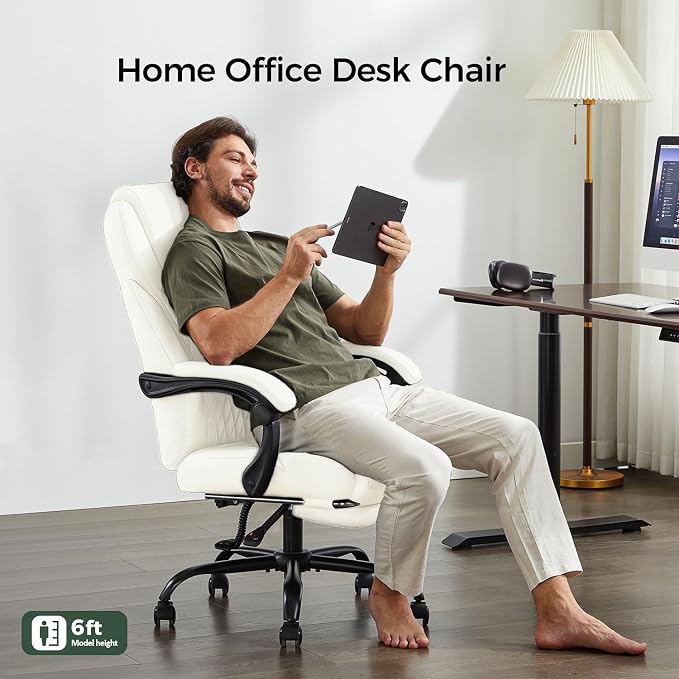 amseatec Office Chair, Big and Tall Office Chair with Foot Rest Ergonomic Chair Home Office Desk Chairs Reclining High Back Leather Chair with Lumbar Support(White)