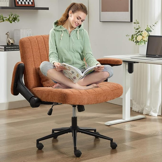 IPKIG Criss Cross Chair with Adjustable Flip-up Arms, Vanity Chair with Wheels, Comfy Desk Chair with Lumbar Pillow Swivel Wide Office Chair for Home Office, Bedroom, Chenille, Orange