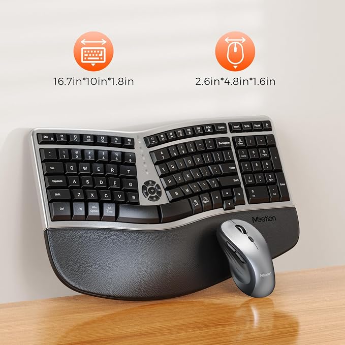 MEETION Ergonomic Wireless Keyboard and Mouse Combo, 2.4G Curved Compact Keyboard with Cushioned Palm Rest, 4 Level DPI Adjustable Wireless Mouse, for Windows/Mac/Desktop/Laptop/PC, Gray Black