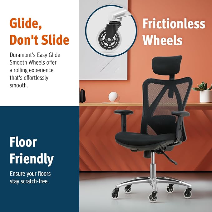 Duramont Ergonomic Office Chair | Adjustable Desk Chair with Lumbar Support and Rollerblade Wheels | High Back Chair with Breathable Mesh | Thick Seat Cushion