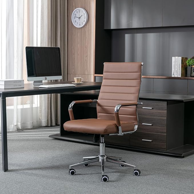 Home Office Chair Ribbed, Modern Leather Conference Waiting Room Chairs,Ergonomic Office Desk Chair, High Back Executive Computer Chair, Adjustable Swivel Chair with Arms,Brown