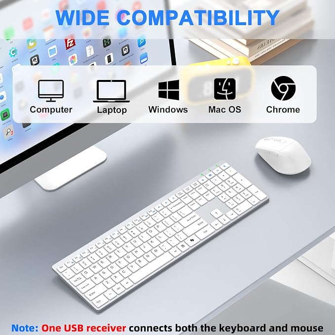 Wireless Keyboard and Mouse Combo, Full Size Silent Ultra Thin Keyboard with Magnetic Wrist Rest, Optical Mouse, 2.4G Lag-Free Cordless Mice Keyboard Set for Computer, Mac, Laptop, PC, Windows