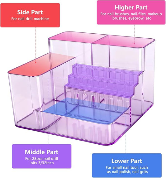 Nail Drill Holder, 21 Holes Nail Drill Machine & Bits Storage Box, Acrylic Nail Drill Bit Holder Professional Nail Tools Organizer, Nail Desk Organizer for Nail Tech (Purple)