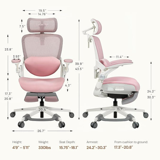 CabLady S2 Petite Office Chair for Women & Small Frames | 330lb Capacity, 4D Adjustable Lumbar/ Headrest, Flip-Up Arms & Footrest, Ergonomic Desk Chair