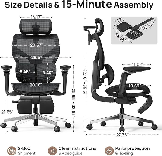 Ergonomic Office Chair with Adaptive Dual-Wing Lumbar Support - Over 10 Hours Sitting Comfortable Mesh Big and Tall Home Desk Chair, 4D Headrest, 2-Gear Footrest, 630° Armrst, Seat Depth Adjustable