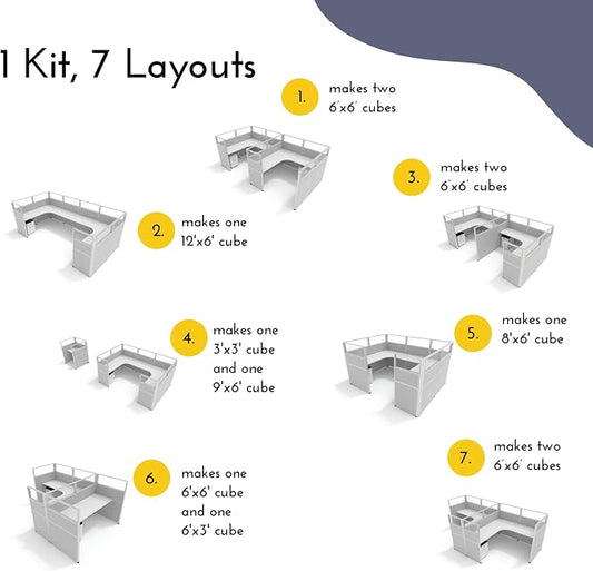SUNLINE Office Cubicle Kit - Modular Office Furniture Kit with 7 Layout Options, Adjustable Panels and Mobile Storage, Easy-Assembly Desk System for Modern Workspaces - Grey