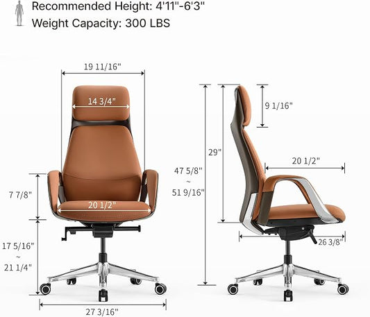 EUREKA ERGONOMIC Serene Executive Office Chair, Premium Nappa Leather High Back Boss Chair with Aluminum Base, Ergonomic Chair with Lumbar Support & Recline, Heavy Duty for Long-Hour Comfort, Brown