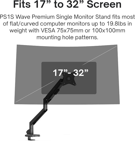 Pixio PS1S Wave Black Single Monitor Arm Stand Desk Mount - Fits up to 32 inches Monitors and up to 19.8lbs. VESA Compatibility and Integrated Cable Management