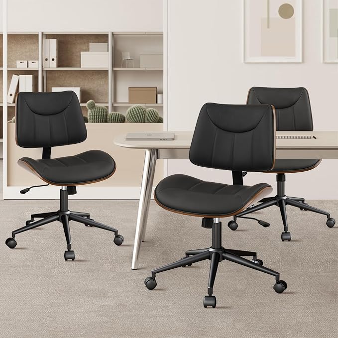 CLATINA Office Chair Armless with Wheels, Mid-Century Modern Walnut Desk Chair, Adjustable Height Reading Chair, PU Leather Mid Back & Swivel Computer Chairs for Home Meeting Room Bedroom, Black(2 PK)