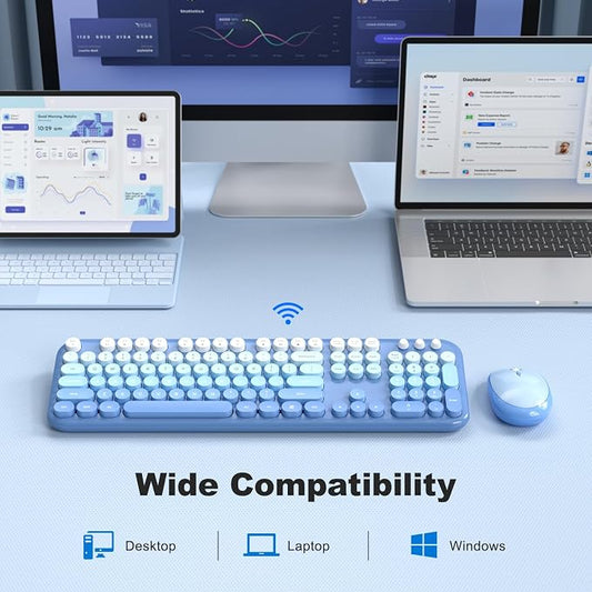 MOFII Wireless Keyboard and Mouse Combo, Full Size 2.4G Retro Round Computer Keyboard and Mouse Set, Plug and Play, for Windows, Computer, Desktop, PC, Notebook - (Blue Gradient)