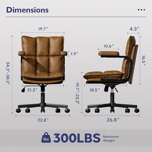 Ollega Mid Century Modern Desk Chair, Vintage Leather Office Chair, Brown | Petite Computer Chair for Small to Medium Women, Thickened Back, Cozy Seat, Adjustable Height for Home